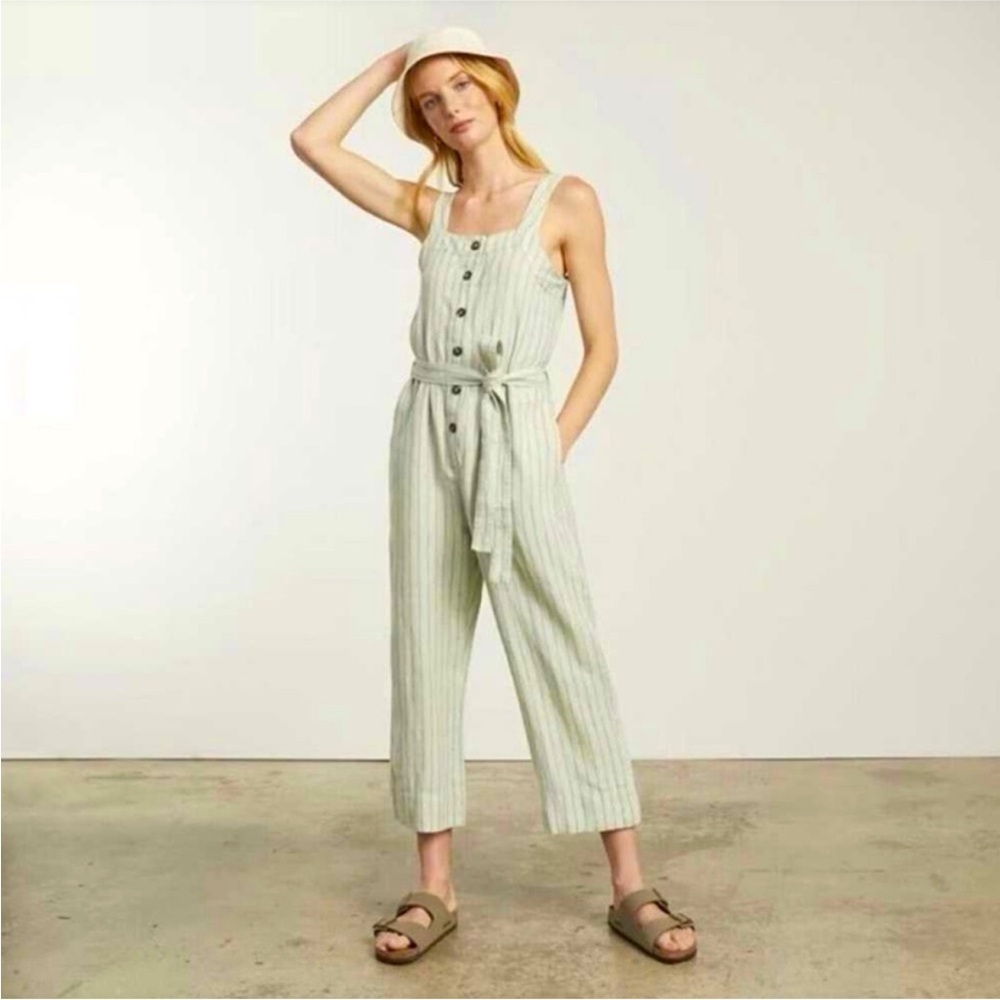 Everlane Light Green Striped Linen Jumpsuit